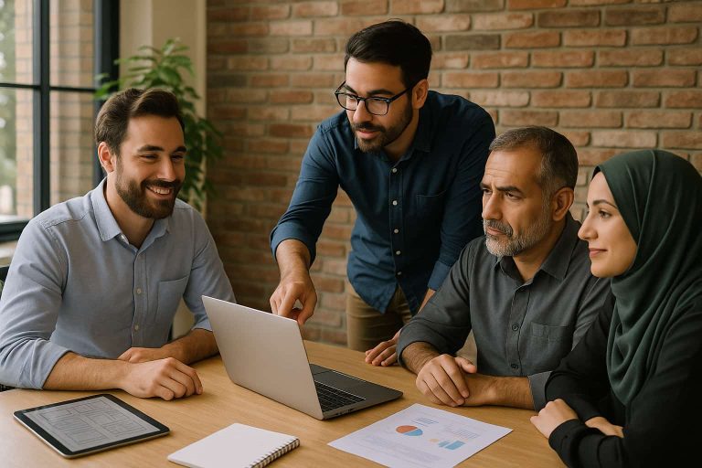 تیم طراحی سایت در حال مشاوره با مشتری در اراک، داخل یک دفتر مدرن و حرفه‌ ای